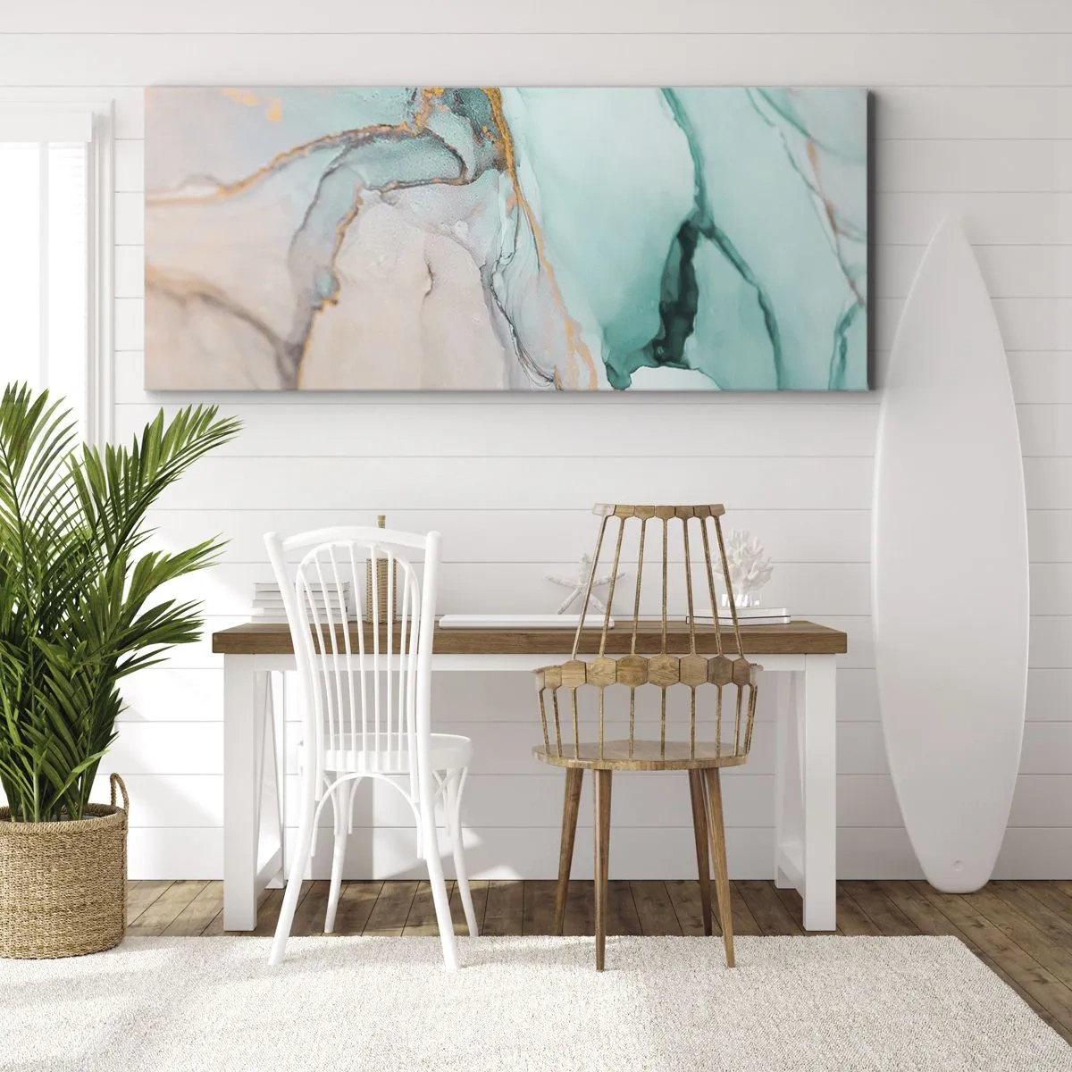 Impression sur toile - Image sur toile - Une composition abstraite dans des tons turquoise et or. - 120x50cm - Danse des formes et des couleurs - Décoration murale moderne pour le salon et la chambre ARTTOR