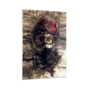 Impression sur verre - Image sur verre - Portrait d'une femme mystérieuse au turban rouge - 50x70cm - Inquiétant, c'est le moins qu'on puisse dire - Décoration murale moderne pour le salon et la chambre ARTTOR