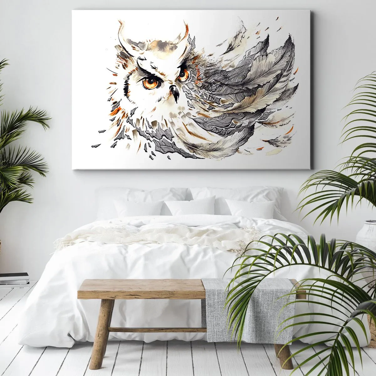 Impression sur toile - Image sur toile - Un hibou aux plumes mystiques sous forme d'aquarelle artistique - 120x80cm - Elle vient du monde de la magie - Décoration murale moderne pour le salon et la chambre ARTTOR