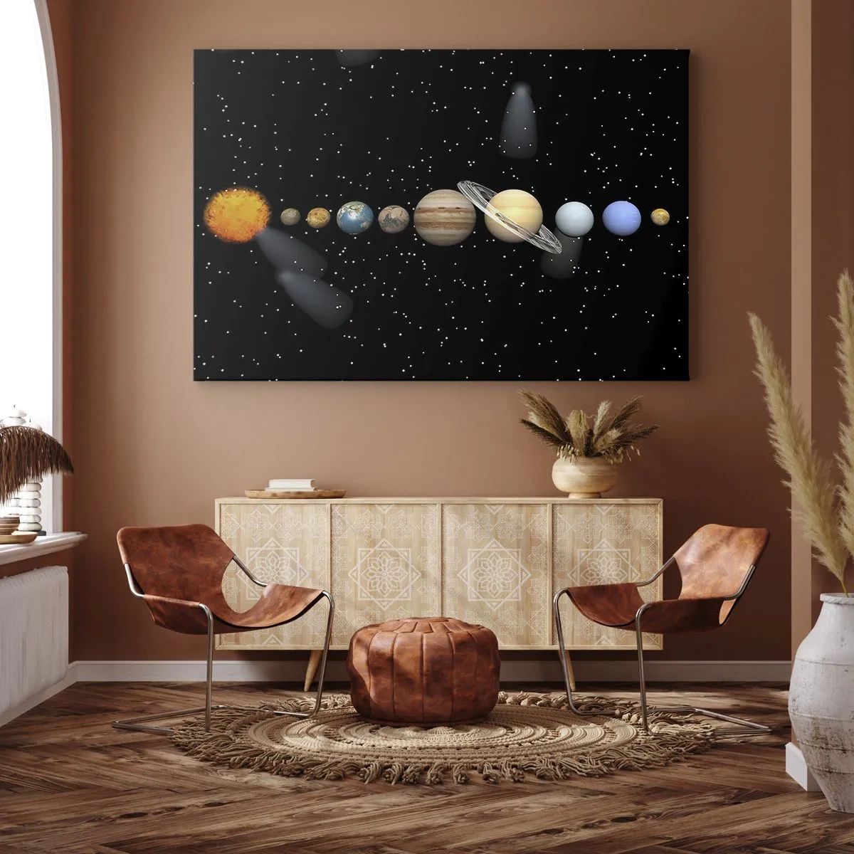 Impression sur toile - Image sur toile - Le système solaire avec des planètes sur fond d'étoiles dans l'espace - 100x70cm - Et les planètes sont folles, sont folles... - Décoration murale moderne pour le salon et la chambre ARTTOR