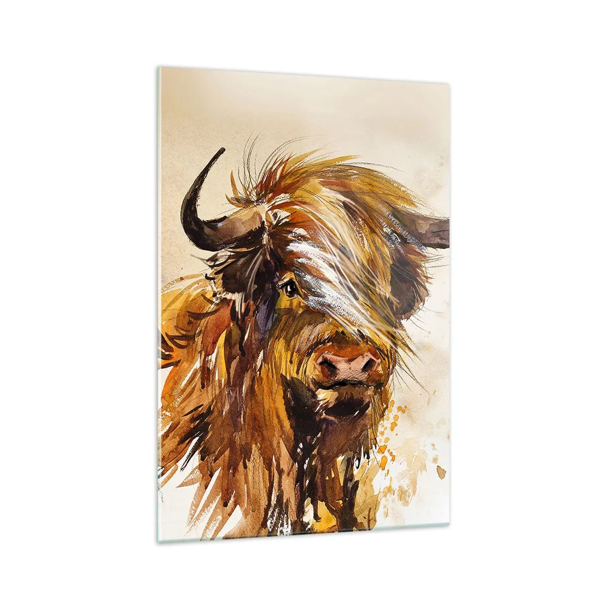 Impression sur verre - Image sur verre - Portrait d'un taureau dans un style aquarelle artistique - 70x100cm - Fierté du chasseur - Décoration murale moderne pour le salon et la chambre ARTTOR
