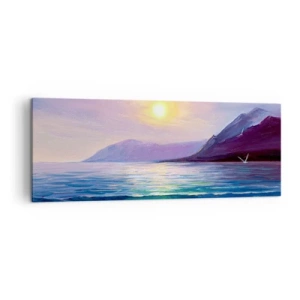 Impression sur toile - Image sur toile - Un paysage marin pittoresque au coucher du soleil avec des vagues et des montagnes - 140x50cm - Cristal d'eau et d'air - Décoration murale moderne pour le salon et la chambre ARTTOR