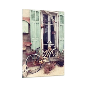 Impression sur verre - Image sur verre - Vélos vintage devant une porte en bois aux volets pastel - 80x120cm - Que la province vive - Décoration murale moderne pour le salon et la chambre ARTTOR