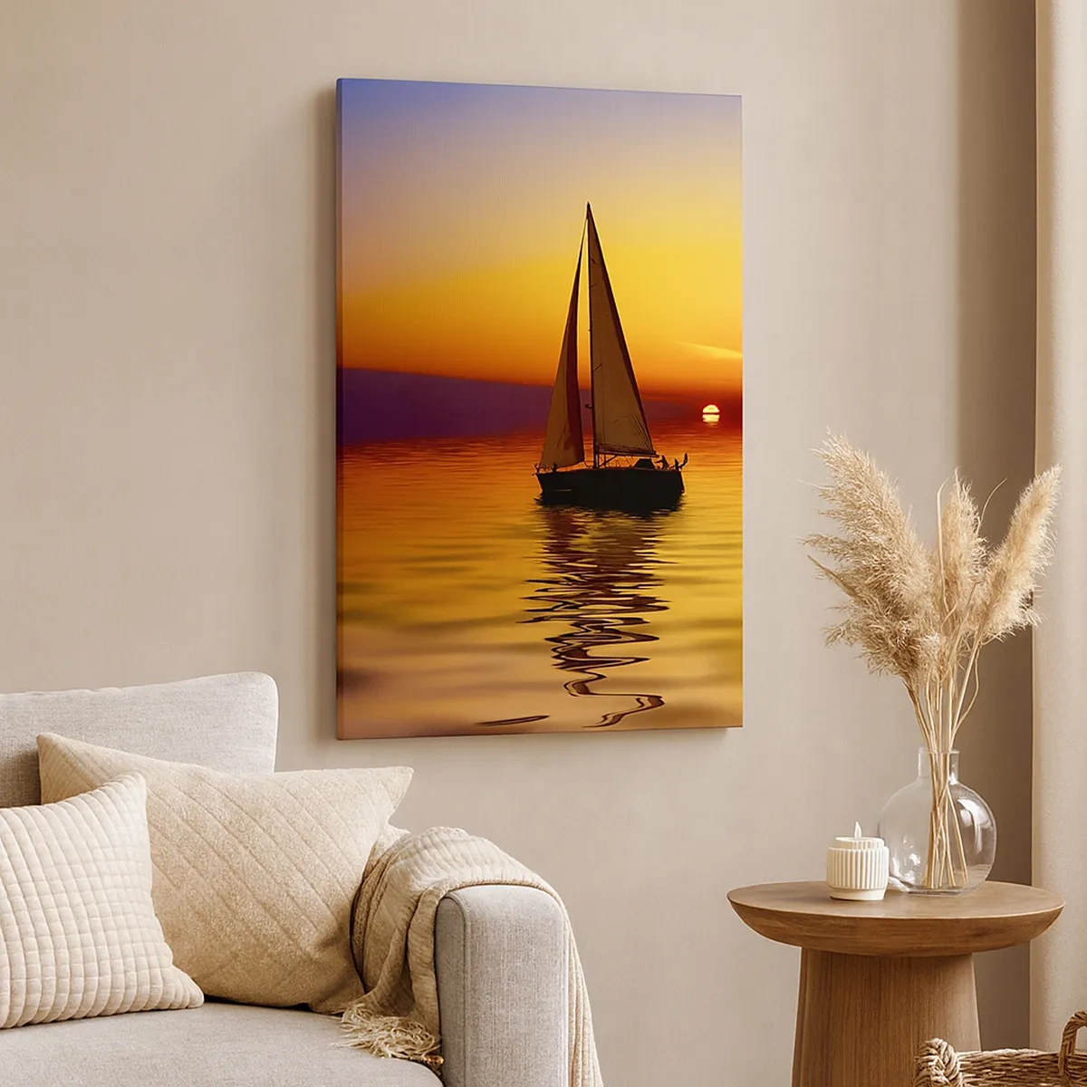 Impression sur toile - Image sur toile - Un voilier sur une mer calme au coucher du soleil - 50x70cm - Comme c'est calme au crépuscule… - Décoration murale moderne pour le salon et la chambre ARTTOR