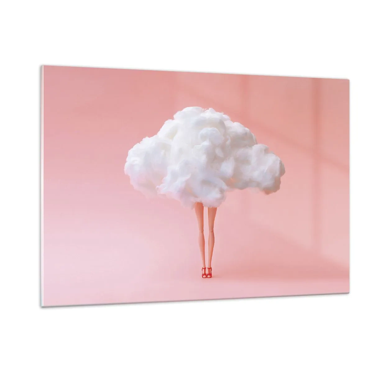 Impression sur verre - Image sur verre - Une silhouette de femme avec un nuage au lieu d'une robe sur un fond rose pastel. - 120x80cm - Douce promesse - Décoration murale moderne pour le salon et la chambre ARTTOR