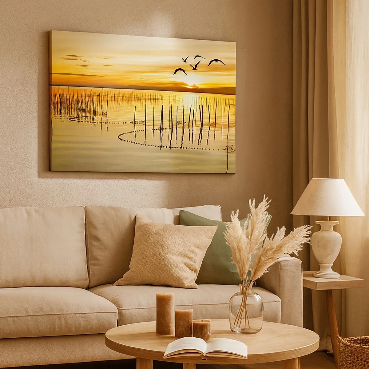 Impression sur toile - Image sur toile - Coucher de soleil sur l'eau avec des oiseaux en vol - 70x50cm - À la pêche - Décoration murale moderne pour le salon et la chambre ARTTOR