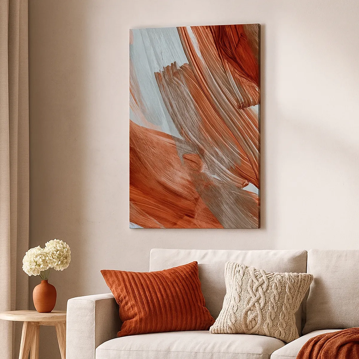 Impression sur toile - Image sur toile - Coups de pinceau abstraits dans des tons de cuivre et de gris - 50x70cm - Abstraction venteuse et automnale - Décoration murale moderne pour le salon et la chambre ARTTOR