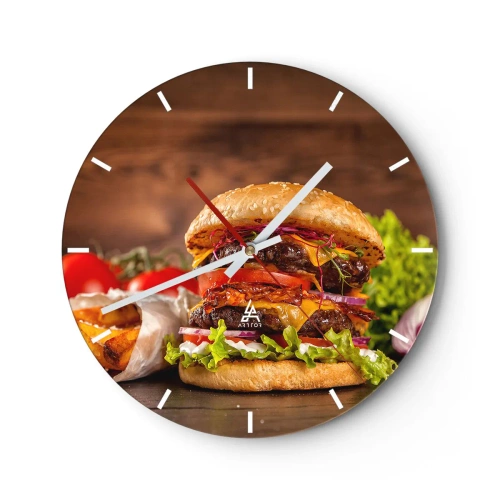 Horloge murale - Pendule murale - Burger juteux avec garnitures sur fond de bois - 30x30cm - Le fruit défendu - Décoration murale moderne pour le salon, la cuisine et la chambre ARTTOR