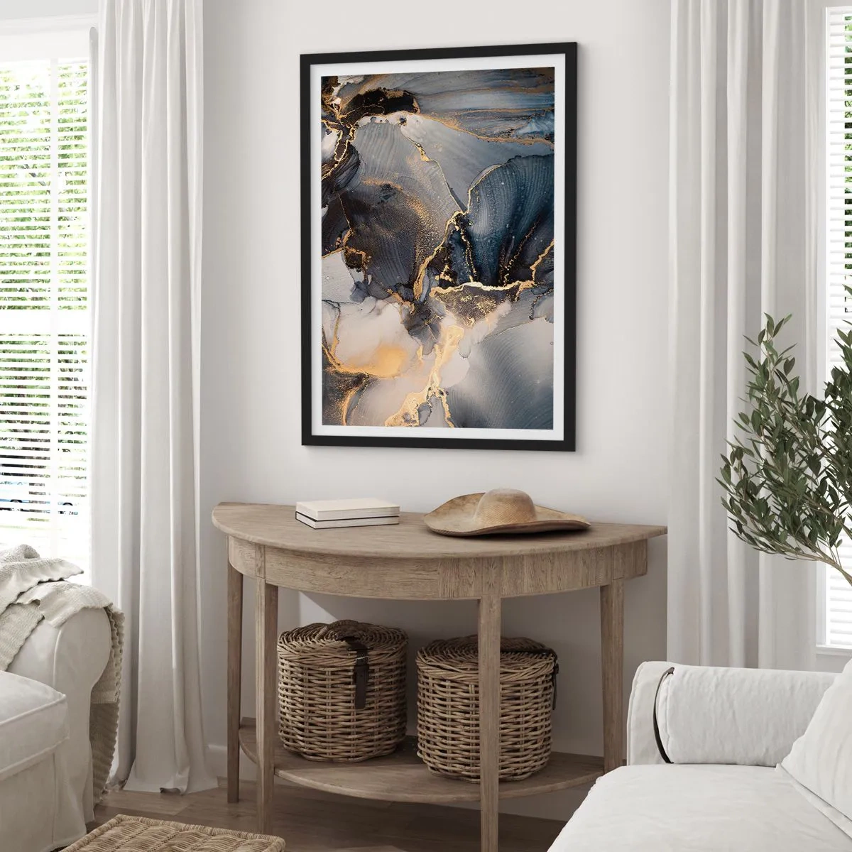 Affiche dans un cadre noir - Poster - Une composition abstraite dans des tons sombres avec des accents dorés. - 50x70cm - La vie de la pierre - Décoration murale moderne pour le salon et la chambre ARTTOR