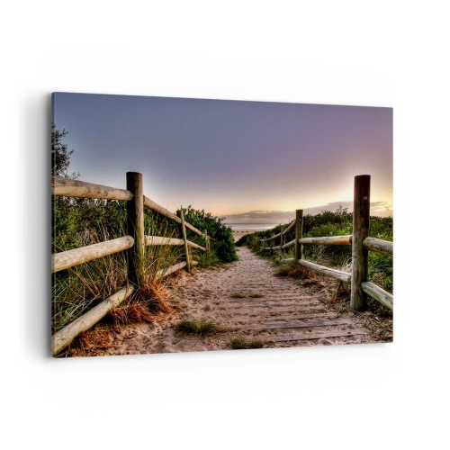 Impression sur toile - Image sur toile - Chemin en bois dans les dunes menant à la plage au coucher du soleil - 120x80cm - On voit déjà le but - Décoration murale moderne pour le salon et la chambre ARTTOR