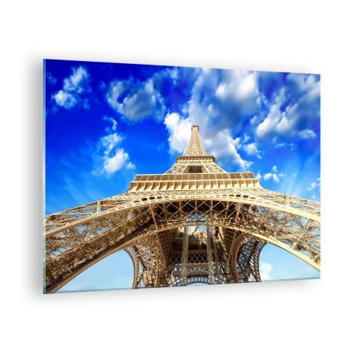Impression sur verre - Image sur verre - La Tour Eiffel vue d'en haut contre le ciel - 70x50cm - Atteindre le ciel et les nuages - Décoration murale moderne pour le salon et la chambre ARTTOR