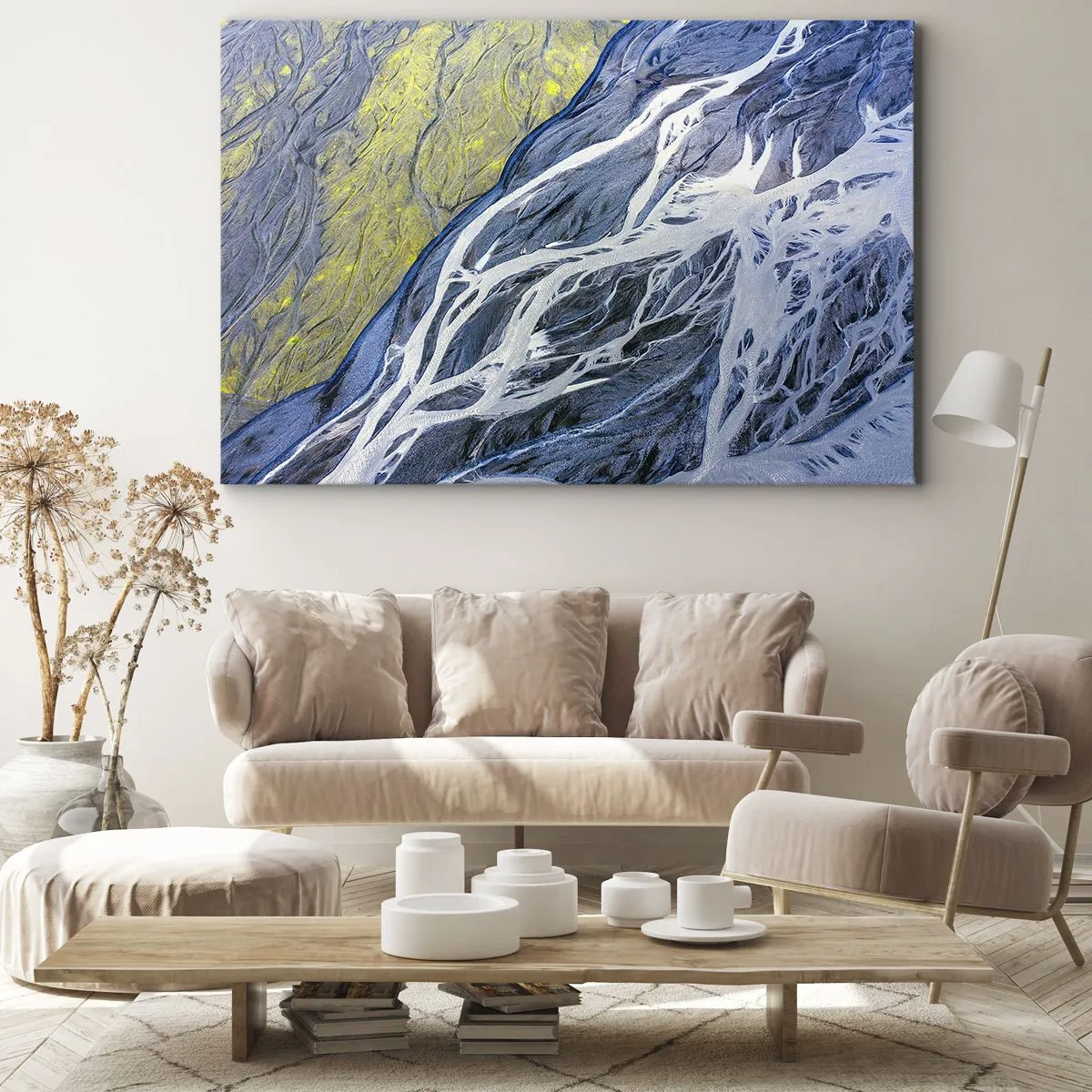 Impression sur toile - Image sur toile - Vue aérienne abstraite des lits de rivières sinueux - 120x80cm - Peintures rupestres de la nature - Décoration murale moderne pour le salon et la chambre ARTTOR