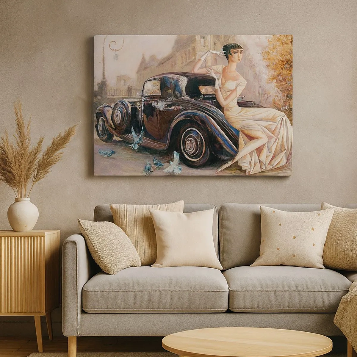 Impression sur toile - Image sur toile - Femme rétro à côté d'une voiture classique - 70x50cm - L'élégance dans un style rétro - Décoration murale moderne pour le salon et la chambre ARTTOR