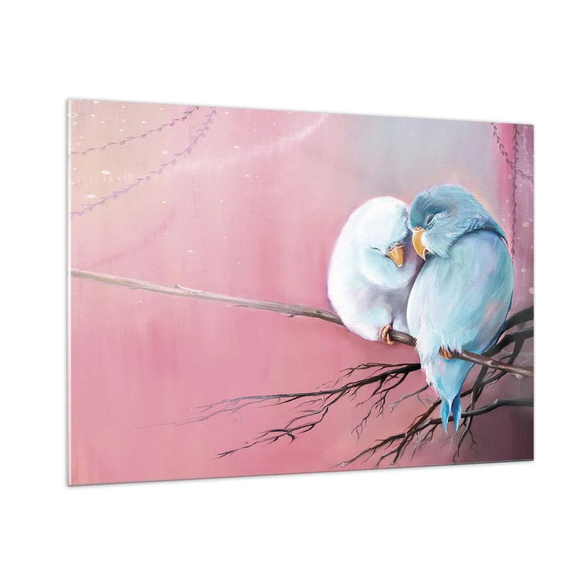 Impression sur verre - Image sur verre - Deux tourtereaux assis sur une branche sur fond rose - 100x70cm - Que dire de plus?... - Décoration murale moderne pour le salon et la chambre ARTTOR