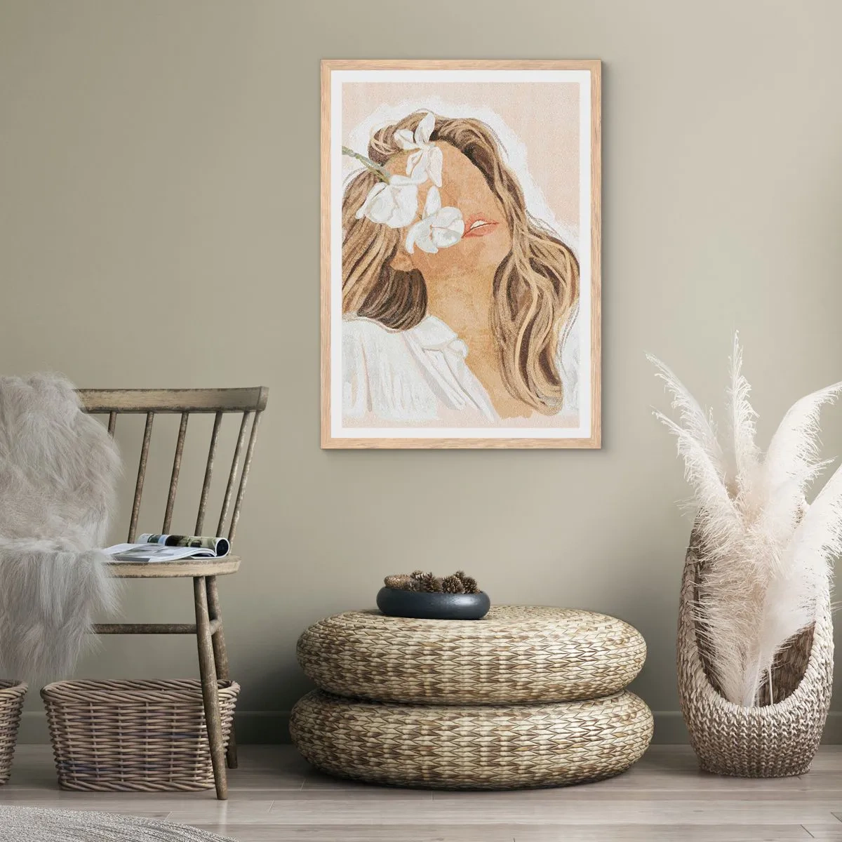 Affiche dans un chêne clair - Poster - Ravie parmi les fleurs - 50x70 cm