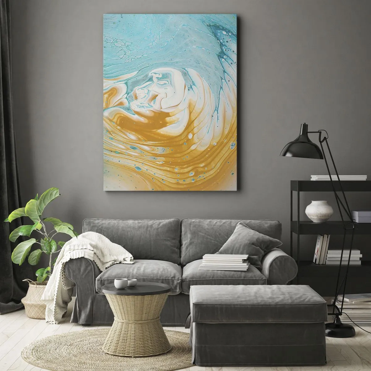 Impression sur toile - Image sur toile - Vagues abstraites dans des tons de bleu et d'or sur toile - 70x100cm - Tourbillon pastel - Décoration murale moderne pour le salon et la chambre ARTTOR