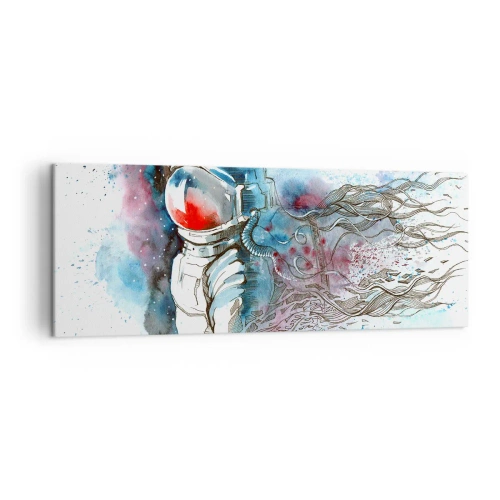 Impression sur toile - Image sur toile - Un cosmonaute dans une aquarelle dynamique avec des détails cosmiques - 140x50cm - Seul avec l'espace - Décoration murale moderne pour le salon et la chambre ARTTOR