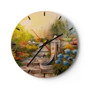 Horloge murale - Pendule murale - Un jardin avec une fontaine entourée de fleurs et d'arbres colorés - 30x30cm - En pleine floraison - Décoration murale moderne pour le salon, la cuisine et la chambre ARTTOR
