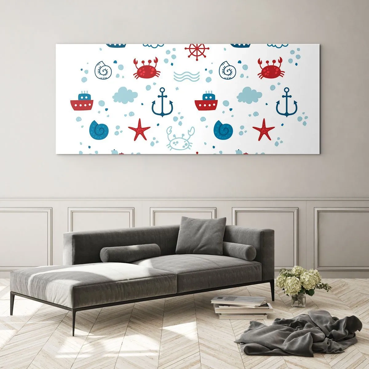 Impression sur verre - Image sur verre - Motif nautique avec ancres, navires et crabes - 140x50cm - Conte de fées de la mer - Décoration murale moderne pour le salon et la chambre ARTTOR