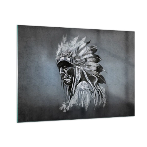 Impression sur verre - Image sur verre - Portrait d'un homme avec une coiffe de plumes sur un fond gris foncé - 100x70cm - Retour aux sources - Décoration murale moderne pour le salon et la chambre ARTTOR