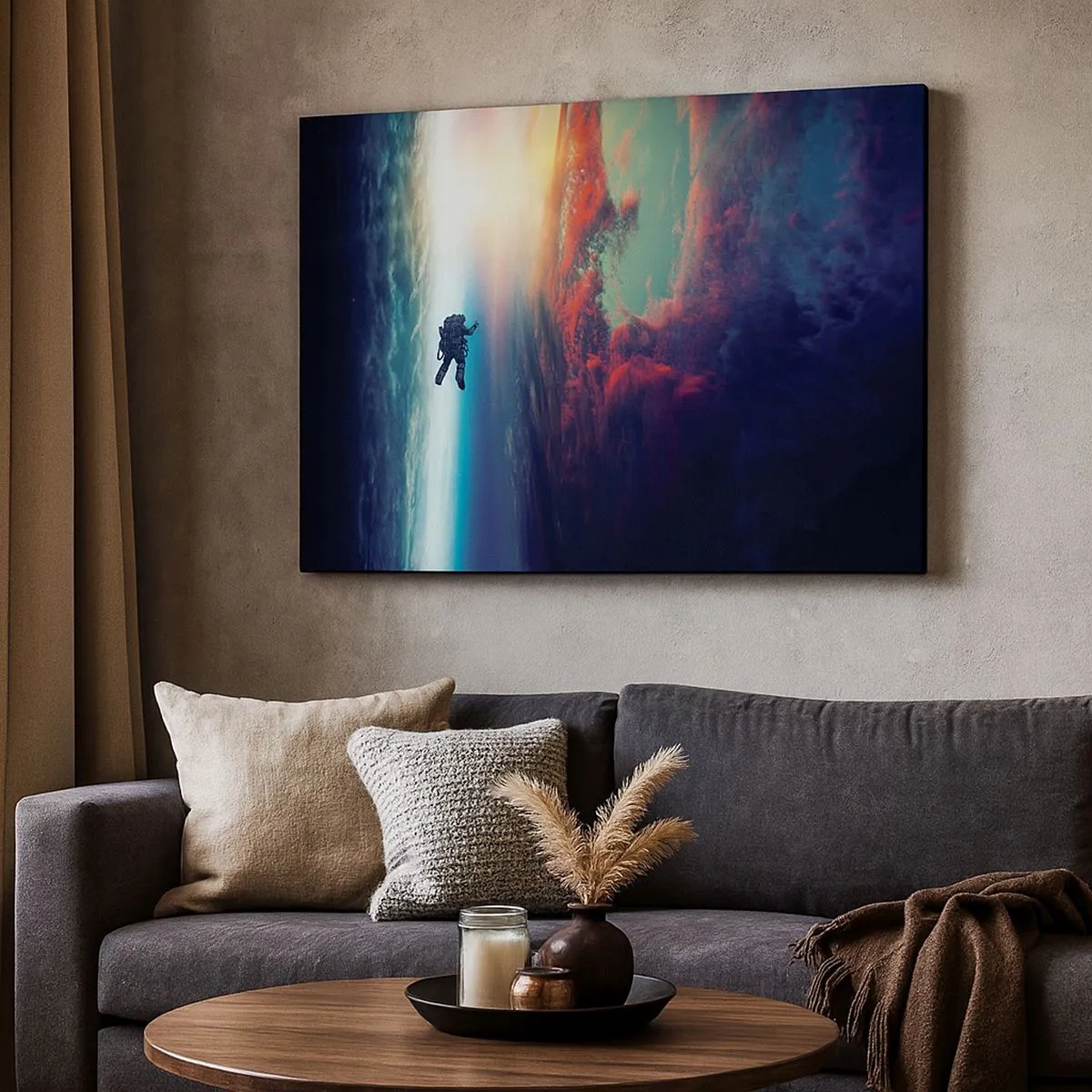 Impression sur toile - Image sur toile - Un astronaute flottant dans l'espace au-dessus d'une Terre colorée - 70x50cm - Affronter l'univers - Décoration murale moderne pour le salon et la chambre ARTTOR