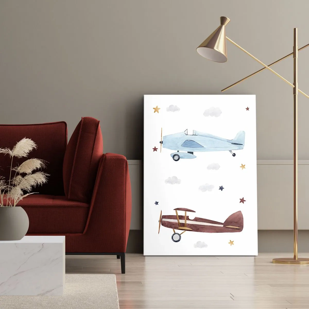 Impression sur toile - Image sur toile - Avions peints à la main sur fond de nuages et d'étoiles - 50x70cm - Monsieur le pilote, nous vous attendons ! - Décoration murale moderne pour le salon et la chambre ARTTOR