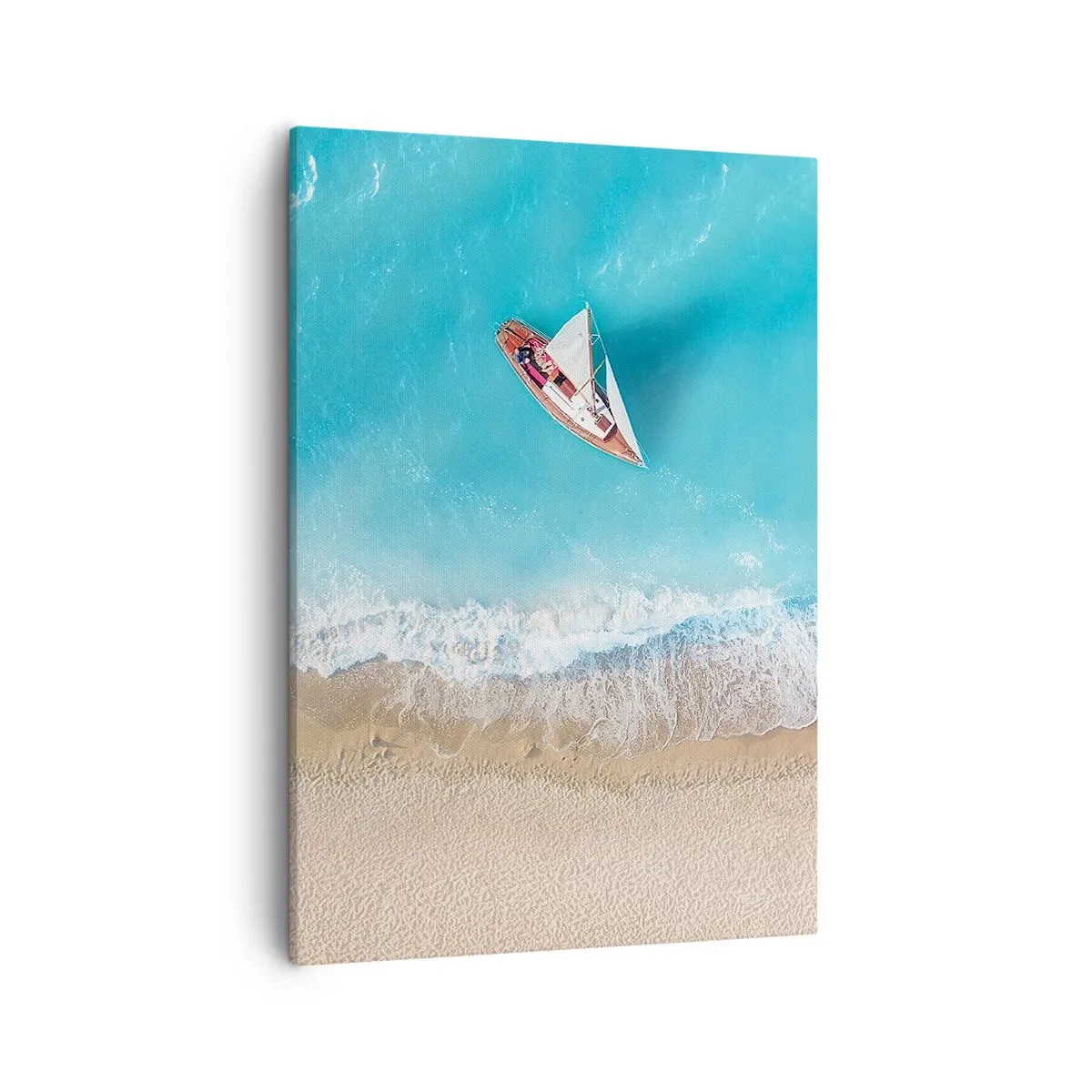 Impression sur toile - Image sur toile - Vue aérienne d'un bateau sur la plage - 50x70cm - A la frontière de l'azur et de l'or - Décoration murale moderne pour le salon et la chambre ARTTOR