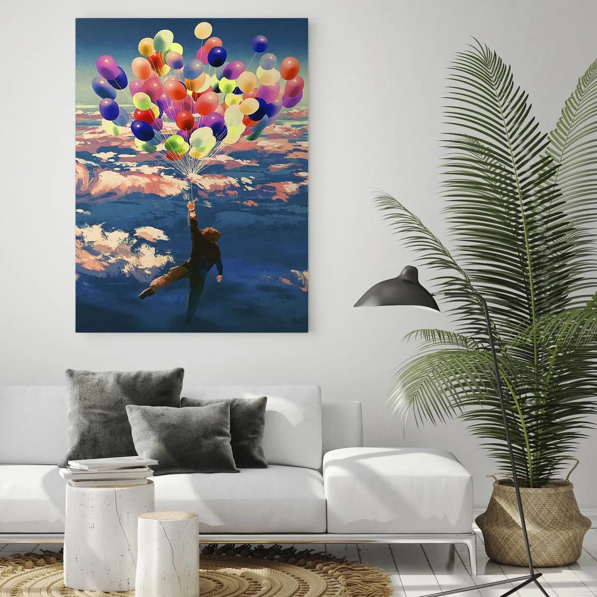 Impression sur verre - Image sur verre - Une silhouette flottant au-dessus des nuages avec des ballons colorés - 70x100cm - Un rêve d'enfant devenu réalité - Décoration murale moderne pour le salon et la chambre ARTTOR