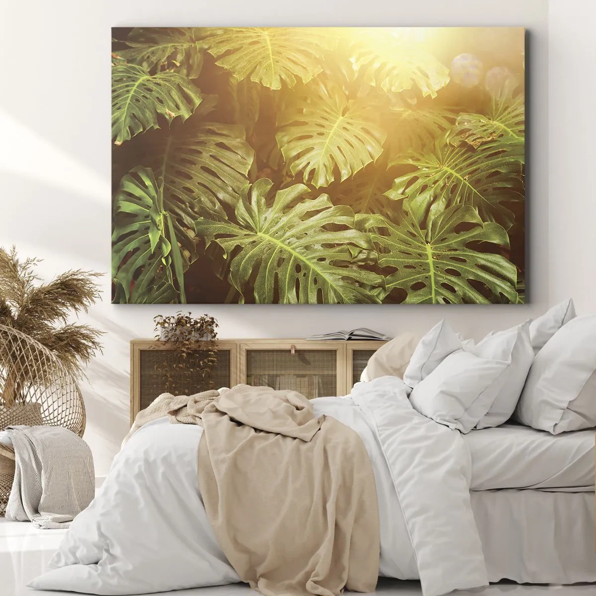 Impression sur toile - Image sur toile - Feuilles de Monstera au soleil sur fond naturel - 120x80cm - Se fondre dans la verdure - Décoration murale moderne pour le salon et la chambre ARTTOR