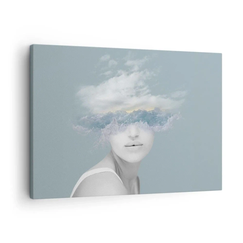 Impression sur toile - Image sur toile - Portrait d'une femme avec son visage caché derrière les nuages et les vagues - 70x50cm - La tête dans les nuages - Décoration murale moderne pour le salon et la chambre ARTTOR