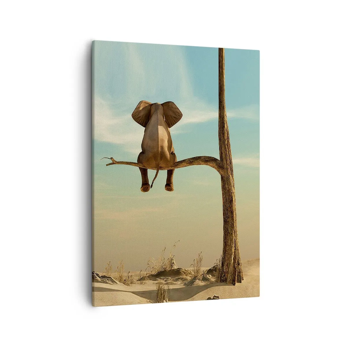 Impression sur toile - Image sur toile - Un éléphant assis sur une branche surplombant un paysage désertique - 50x70cm - Nouveau point de vue - Décoration murale moderne pour le salon et la chambre ARTTOR