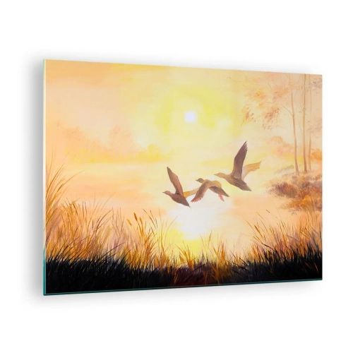 Impression sur verre - Image sur verre - Trois canards volant au-dessus d'un lac au lever du soleil - 70x50cm - Le début d'un long voyage - Décoration murale moderne pour le salon et la chambre ARTTOR