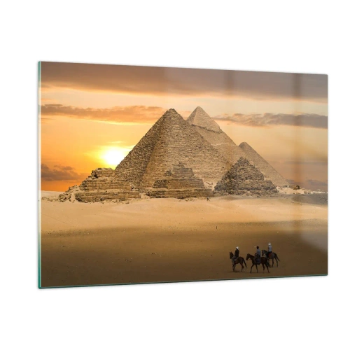 Impression sur verre - Image sur verre - Les pyramides de Gizeh au coucher du soleil avec des cavaliers à cheval - 120x80cm - Aucun changement depuis des milliers d'années - Décoration murale moderne pour le salon et la chambre ARTTOR