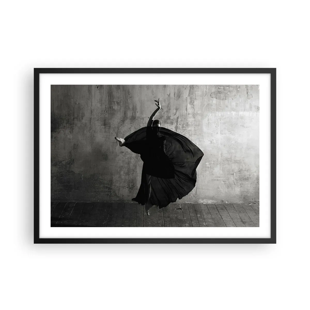 Affiche dans un cadre noir - Poster - Silhouette noire et blanche d'une danseuse en mouvement sur fond de mur - 70x50cm - Pas plein de passion - Décoration murale moderne pour le salon et la chambre ARTTOR