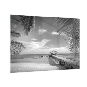 Impression sur verre - Image sur verre - Photographie en noir et blanc d'une plage tropicale avec une jetée - 100x70cm - Souvenirs ou rêve? - Décoration murale moderne pour le salon et la chambre ARTTOR