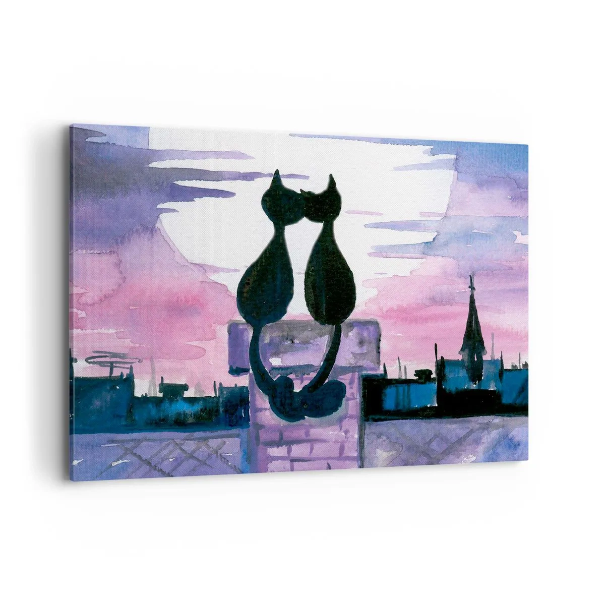 Impression sur toile - Image sur toile - Chats noirs sur un toit au clair de lune dans un décor aquarelle - 100x70cm - Rendez-vous sous la lune - Décoration murale moderne pour le salon et la chambre ARTTOR