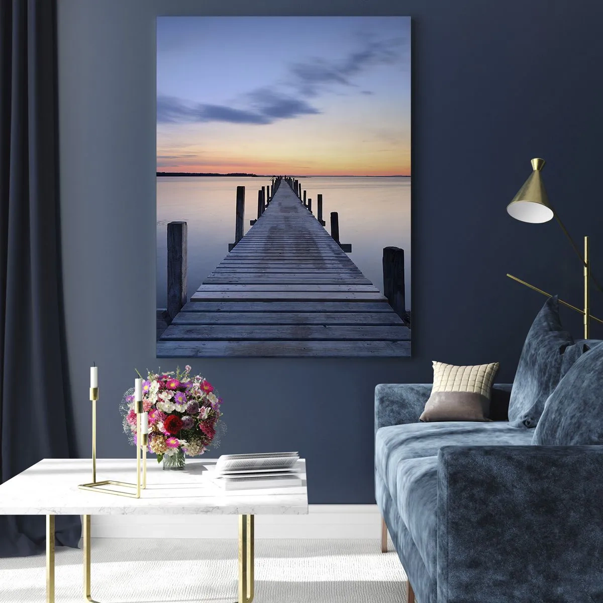 Impression sur verre - Image sur verre - Jetée en bois sur le lac au coucher du soleil - 70x100cm - Le calme d'un crépuscule serein - Décoration murale moderne pour le salon et la chambre ARTTOR
