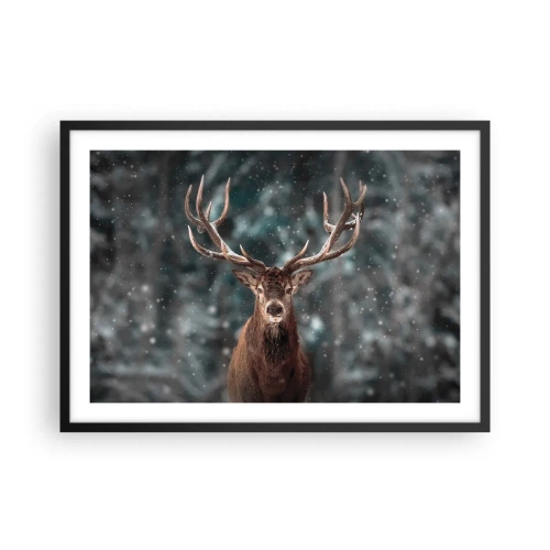 Affiche dans un cadre noir - Poster - Cerf dans une forêt d'hiver avec de la neige qui tombe - 70x50cm - Roi de la forêt couronné - Décoration murale moderne pour le salon et la chambre ARTTOR