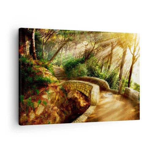 Impression sur toile - Image sur toile - Paysage forestier avec des rayons de soleil et un pont de pierre - 70x50cm - Directement du pont dans une forêt de conte de fées - Décoration murale moderne pour le salon et la chambre ARTTOR