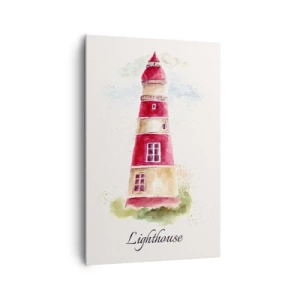 Impression sur toile - Image sur toile - Une aquarelle représentant un phare sur fond clair avec une inscription - 80x120cm - Il y a toujours beau temps autour - Décoration murale moderne pour le salon et la chambre ARTTOR