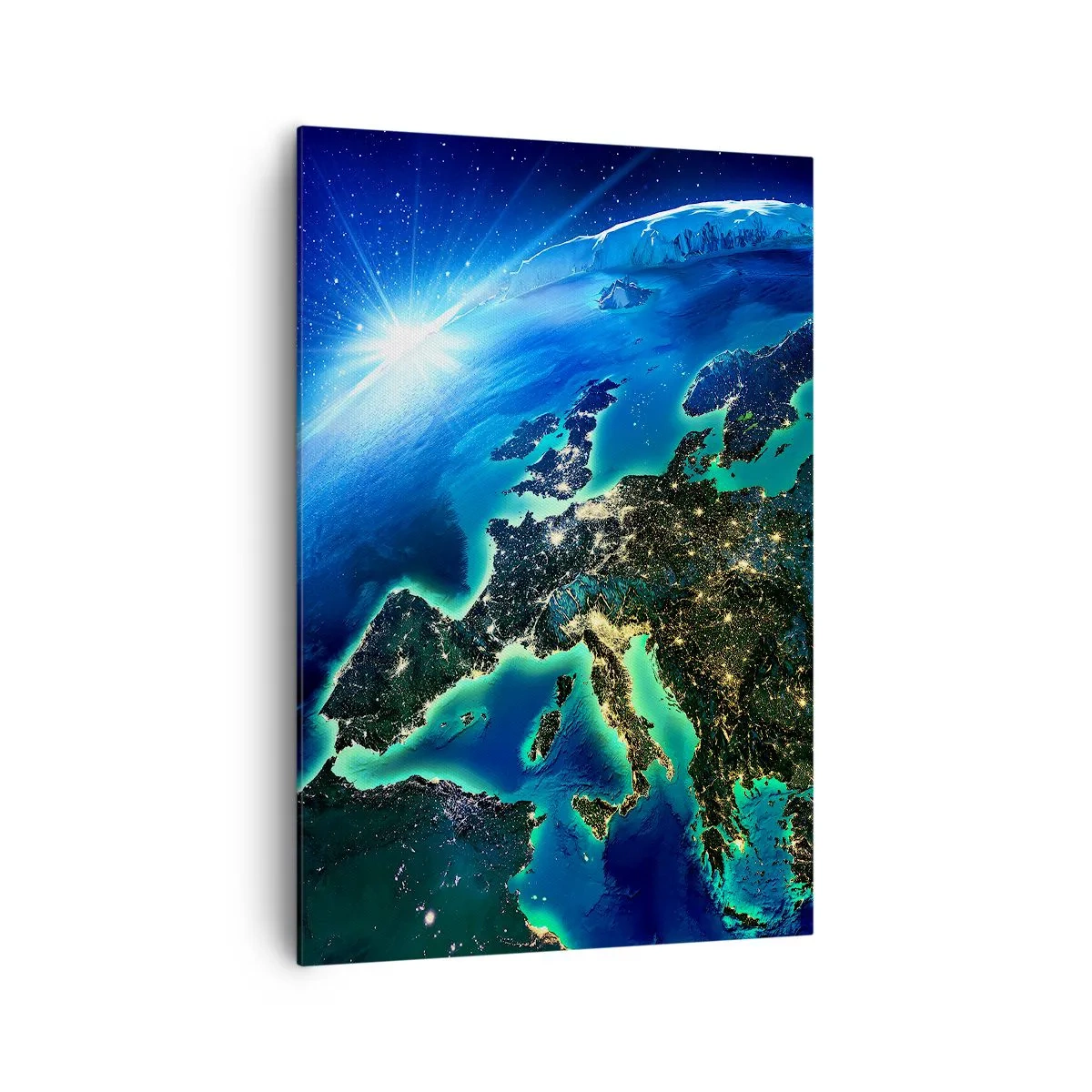 Impression sur toile - Image sur toile - Une vue d'Europe depuis l'espace à la lueur du soleil levant. - 70x100cm - Europe pétillante - Décoration murale moderne pour le salon et la chambre ARTTOR