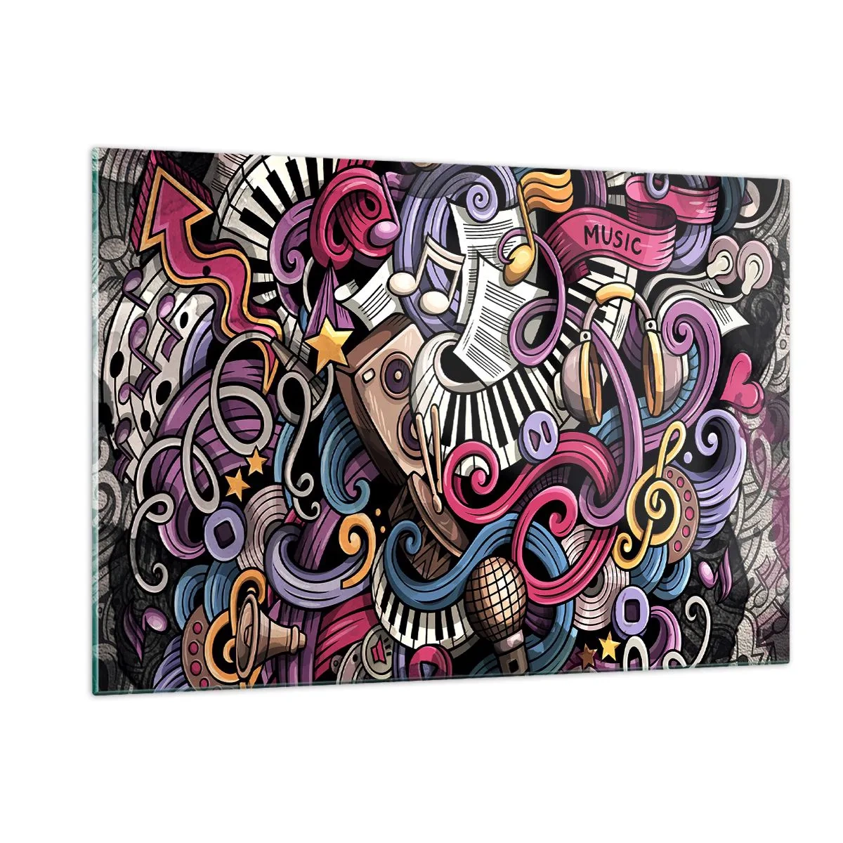 Impression sur verre - Image sur verre - Thèmes musicaux colorés avec notes et instruments - 120x80cm - Mélodie compliquée - Décoration murale moderne pour le salon et la chambre ARTTOR