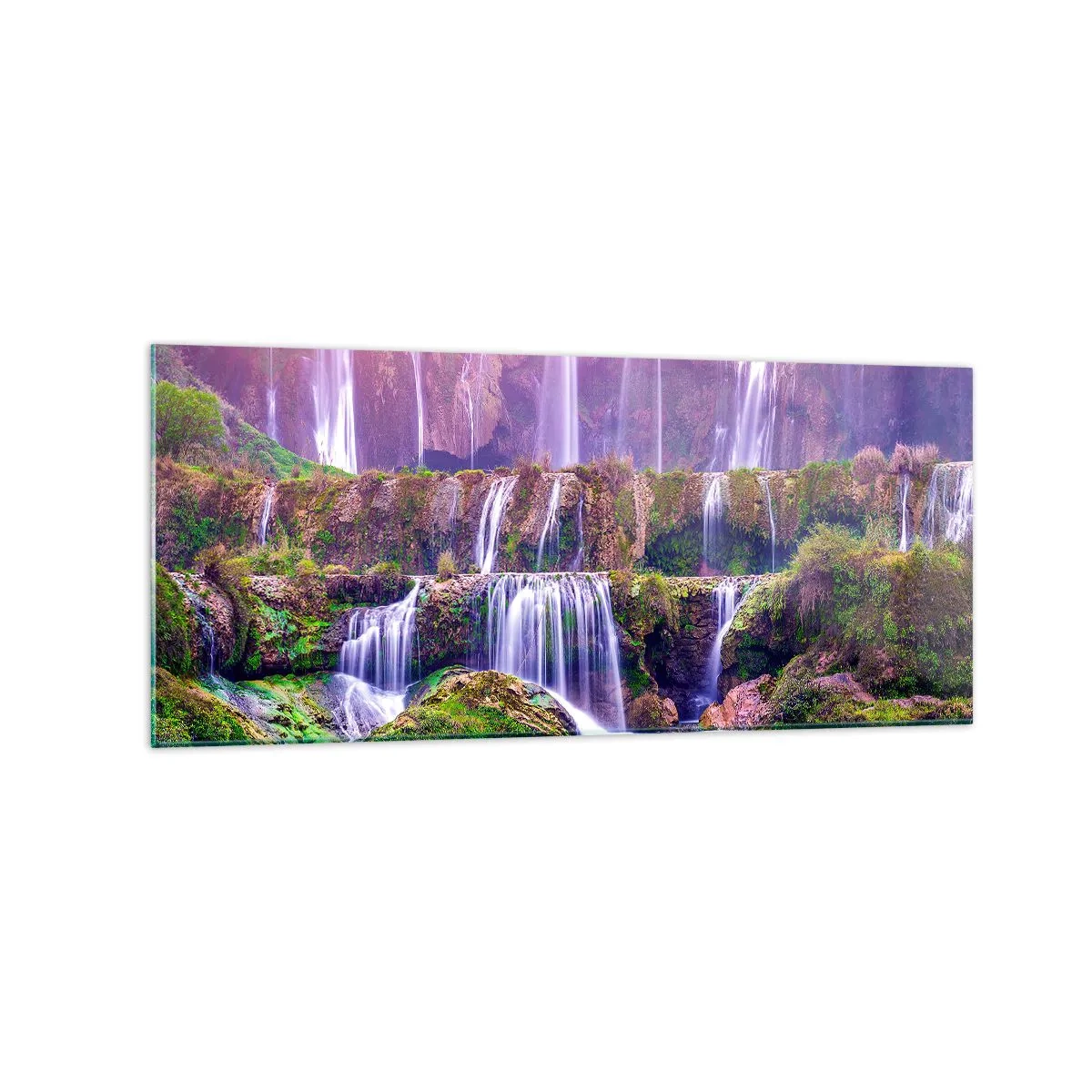 Impression sur verre - Image sur verre - Cascades entourées de verdure avec un éclairage pastel - 120x50cm - Escalier vers le ciel - Décoration murale moderne pour le salon et la chambre ARTTOR