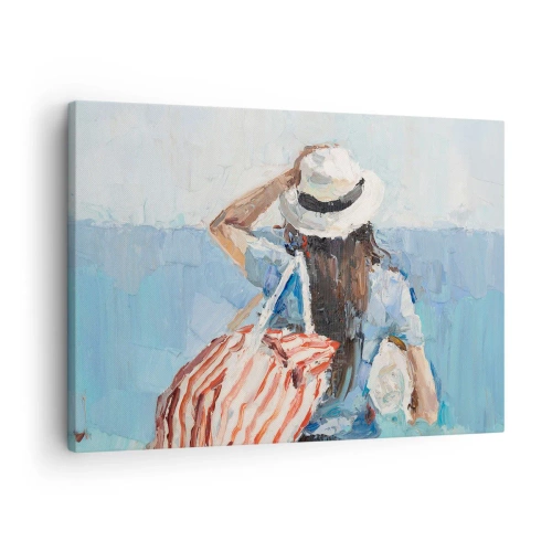 Impression sur toile - Image sur toile - Une femme avec un chapeau contre la mer bleue - 70x50cm - Bienvenue à vos vacances - Décoration murale moderne pour le salon et la chambre ARTTOR