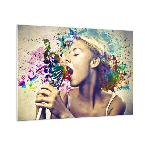 Impression sur verre - Image sur verre - Une composition colorée d'une femme chantant dans un microphone. - 100x70cm - Peindre le monde avec sa voix - Décoration murale moderne pour le salon et la chambre ARTTOR