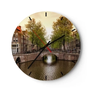 Horloge murale - Pendule murale - Canal avec pont et immeubles à Amsterdam - 30x30cm - En bateau ou à vélo ? - Décoration murale moderne pour le salon, la cuisine et la chambre ARTTOR