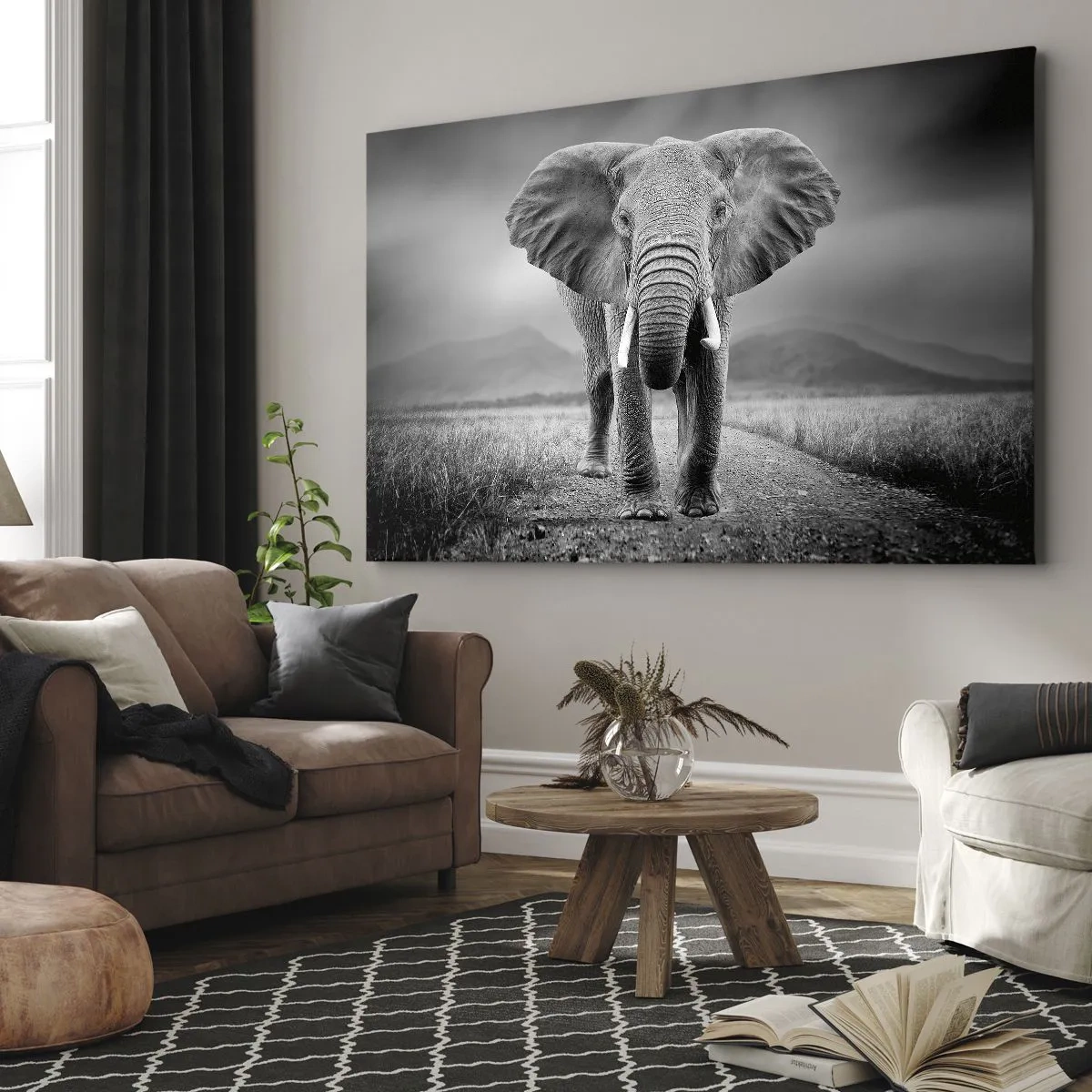 Impression sur toile - Image sur toile - Un puissant éléphant dans la savane aux tons monochromes - 120x80cm - Les hôtes vous saluent - Décoration murale moderne pour le salon et la chambre ARTTOR