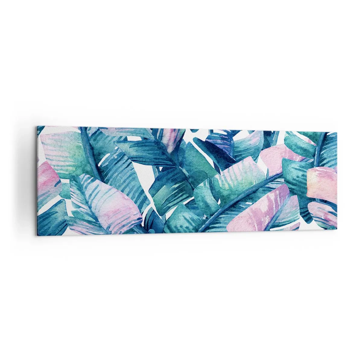 Impression sur toile - Image sur toile - Feuilles de bananier dans les tons bleu et rose - 160x50cm - Dans une bananeraie - Décoration murale moderne pour le salon et la chambre ARTTOR