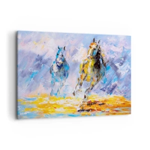 Impression sur toile - Image sur toile - Deux chevaux en mouvement sur fond de paysage abstrait - 100x70cm - À travers l'éblouissement du galop - Décoration murale moderne pour le salon et la chambre ARTTOR