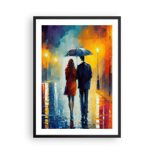 Affiche dans un cadre noir - Poster - Un couple avec un parapluie sous la pluie, marchant dans une rue de la ville. - 50x70cm - Ensemble – une nuit colorée - Décoration murale moderne pour le salon et la chambre ARTTOR